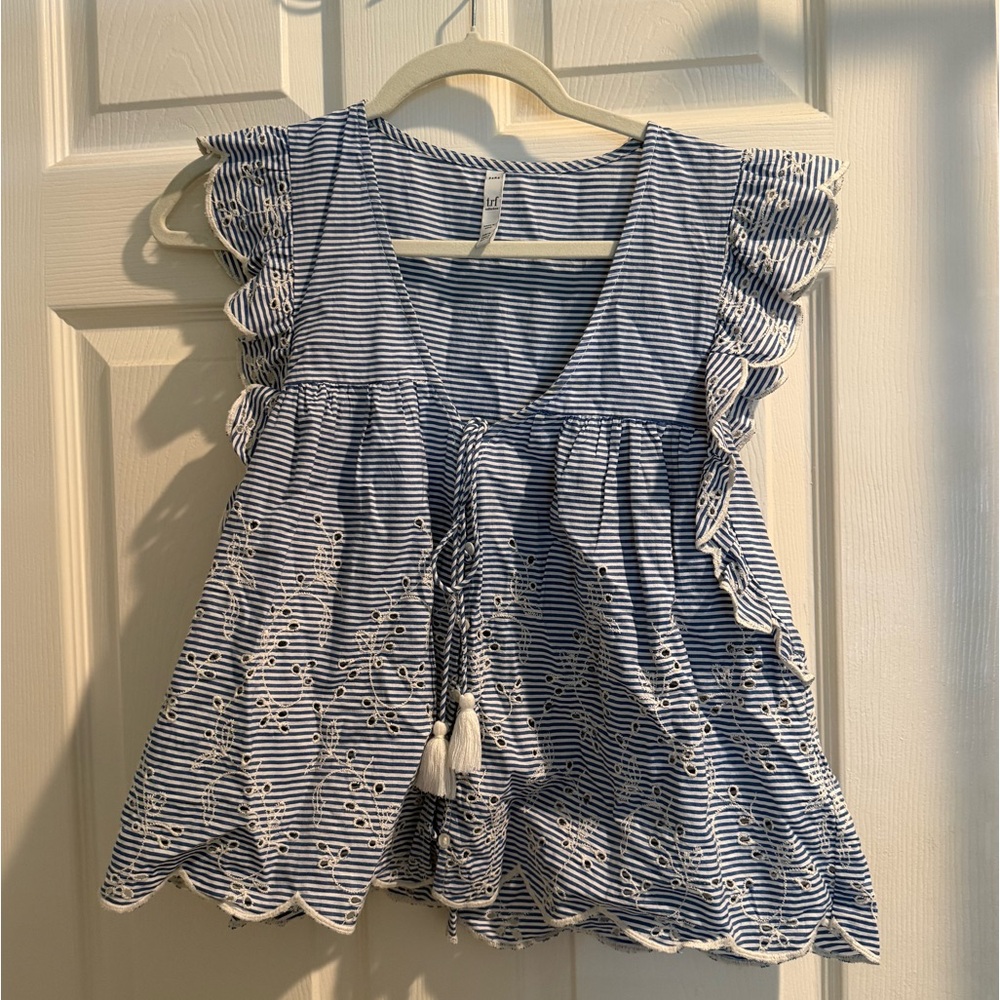 Zara Striped and Ruffled Blue and White Blouse